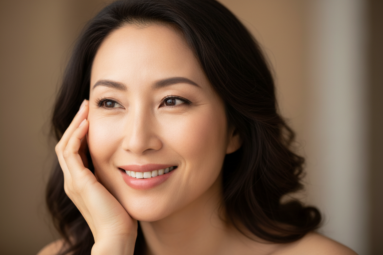 Asian American Woman in her 40s looking off slight to the side, smiling, with her hand on her face, close up shot of her skin.